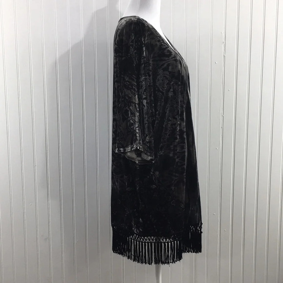 One World Wintop Velour Black Floral Tie Dye Fringe Cardigan Womens Large Fringe - Picture 2 of 11